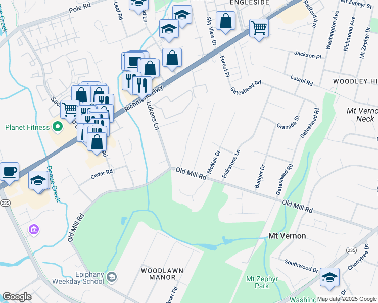 map of restaurants, bars, coffee shops, grocery stores, and more near 8733 Lea Lane in Alexandria
