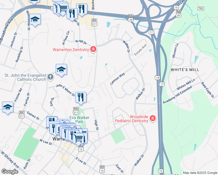 map of restaurants, bars, coffee shops, grocery stores, and more near 270 Cannon Way in Warrenton