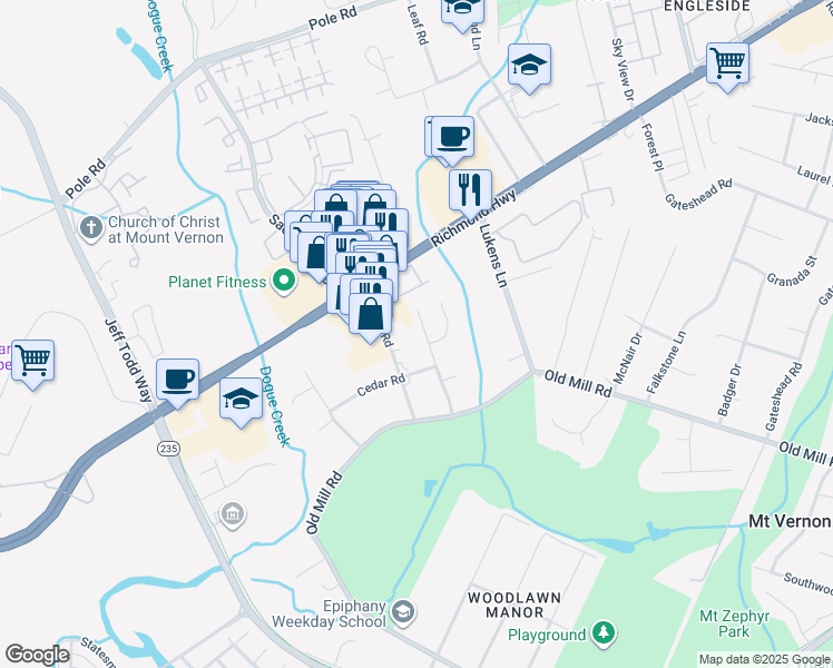 map of restaurants, bars, coffee shops, grocery stores, and more near 8808 Black Alder Drive in Alexandria