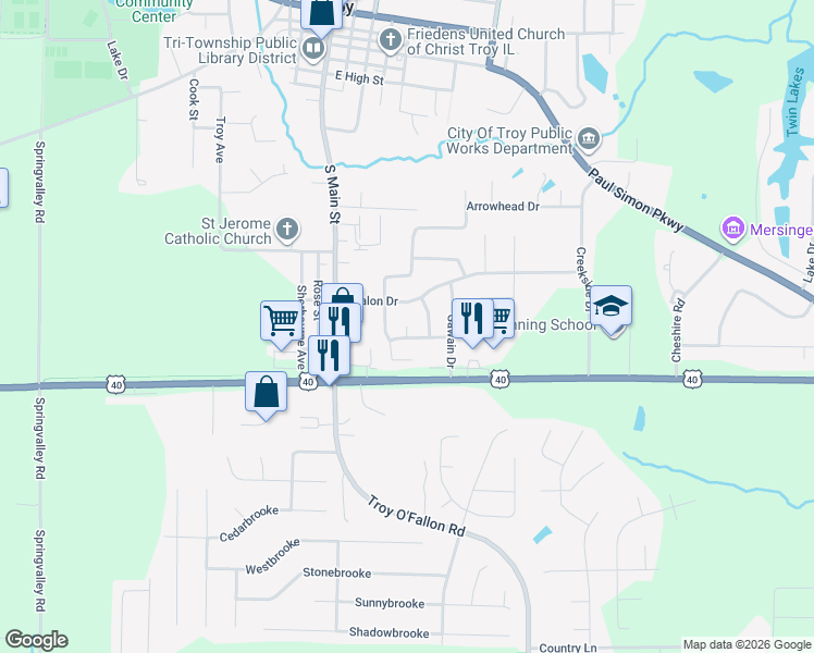 map of restaurants, bars, coffee shops, grocery stores, and more near 708 Merlin Court in Troy