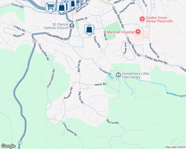 map of restaurants, bars, coffee shops, grocery stores, and more near 3409 Pardi Way in Placerville
