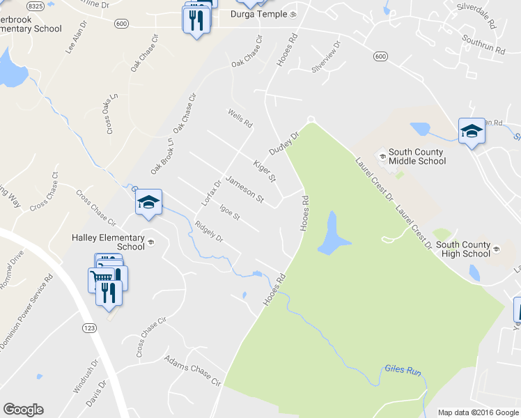 map of restaurants, bars, coffee shops, grocery stores, and more near 8907 Jameson Street in Lorton