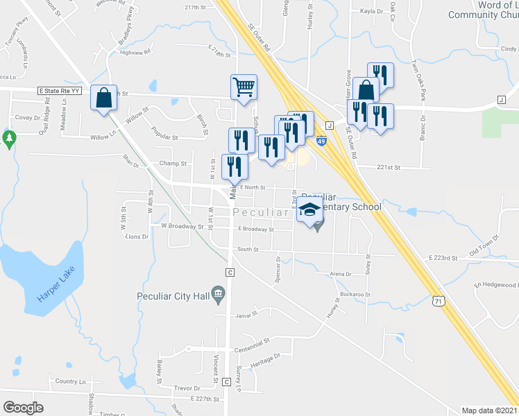 map of restaurants, bars, coffee shops, grocery stores, and more near 201-299 E Center St in Peculiar