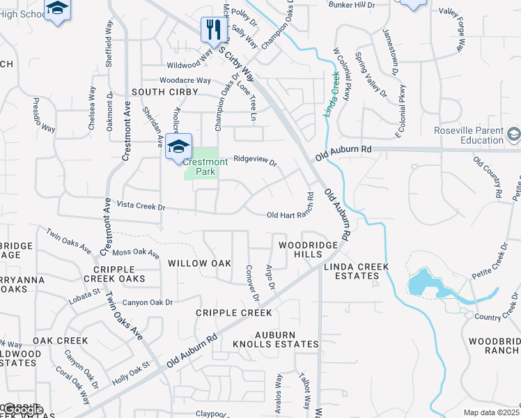 map of restaurants, bars, coffee shops, grocery stores, and more near 1644 Old Hart Ranch Road in Roseville