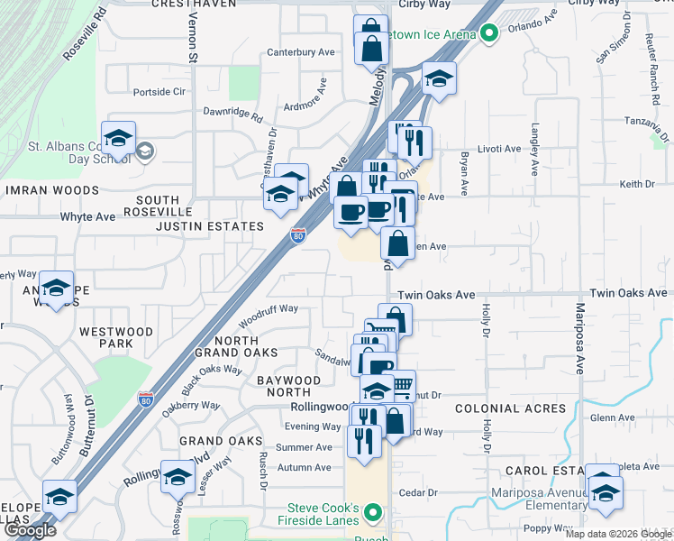 map of restaurants, bars, coffee shops, grocery stores, and more near 7341 Auburn Oaks Court in Citrus Heights
