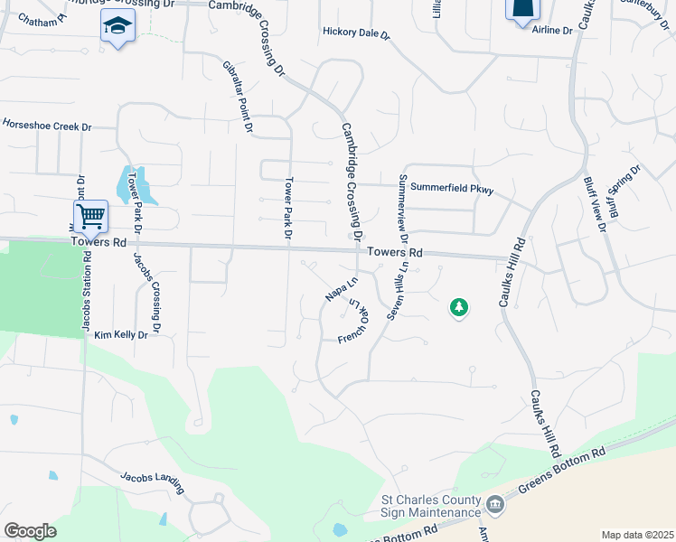map of restaurants, bars, coffee shops, grocery stores, and more near 36 Sonoma Court in Saint Charles