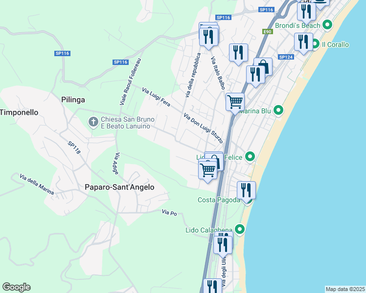 map of restaurants, bars, coffee shops, grocery stores, and more near 20 Via Filippo Turati in Montepaone Lido