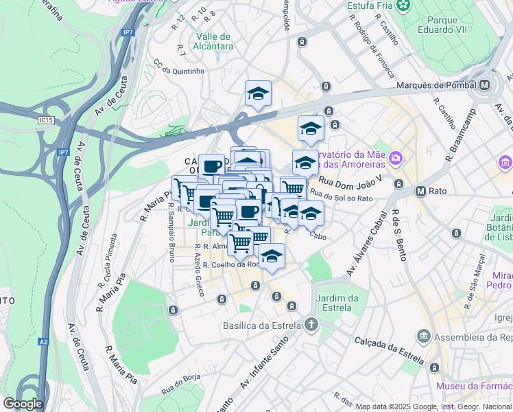 map of restaurants, bars, coffee shops, grocery stores, and more near 2A Rua Correia Teles in Lisboa