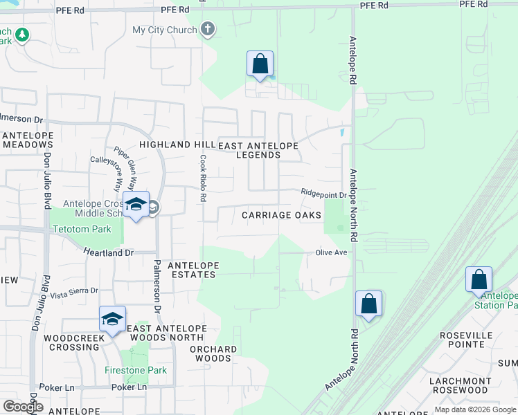 map of restaurants, bars, coffee shops, grocery stores, and more near 8237 Windmill Oaks Place in Antelope