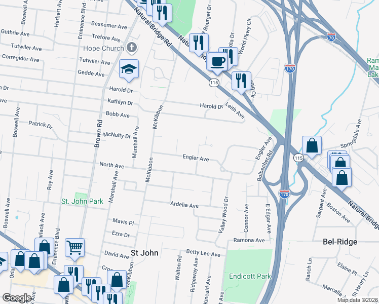 map of restaurants, bars, coffee shops, grocery stores, and more near 8617 Engler Ave in St Louis