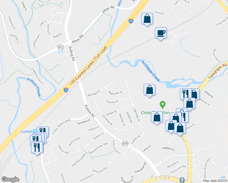 map of restaurants, bars, coffee shops, grocery stores, and more near 7600 Mahoney Drive in Lorton