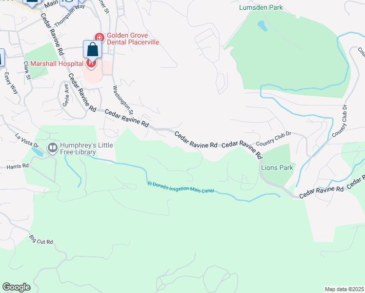 map of restaurants, bars, coffee shops, grocery stores, and more near 3496 Cedar Ravine Road in Placerville
