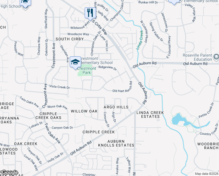 map of restaurants, bars, coffee shops, grocery stores, and more near 1644 Old Hart Ranch Road in Roseville
