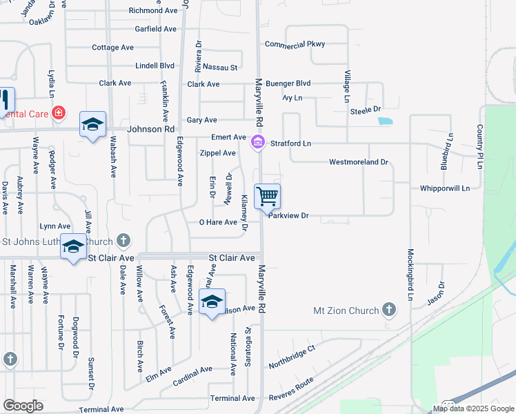 map of restaurants, bars, coffee shops, grocery stores, and more near 2599 Parkview Drive in Granite City