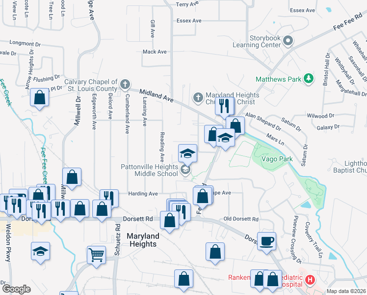 map of restaurants, bars, coffee shops, grocery stores, and more near 112 Franke Avenue in Maryland Heights