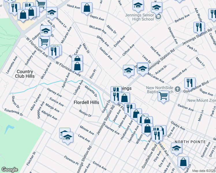 map of restaurants, bars, coffee shops, grocery stores, and more near 8324 Octavia Avenue in Jennings