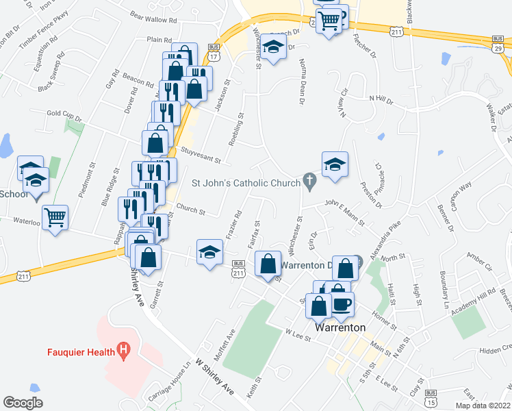 map of restaurants, bars, coffee shops, grocery stores, and more near 120 Fairfax St in Warrenton