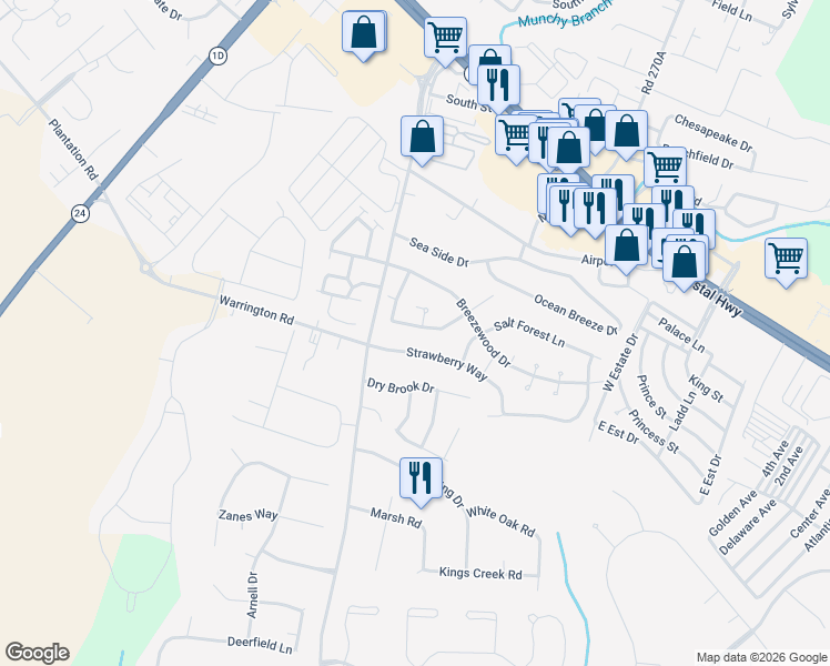 map of restaurants, bars, coffee shops, grocery stores, and more near 125 Loganberry Lane in Rehoboth Beach