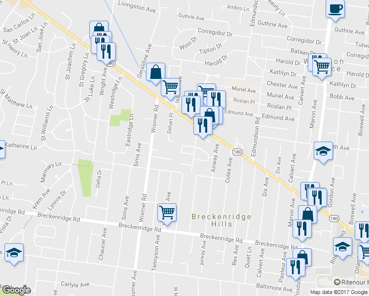 map of restaurants, bars, coffee shops, grocery stores, and more near 9760 McDowell Place in Breckenridge Hills