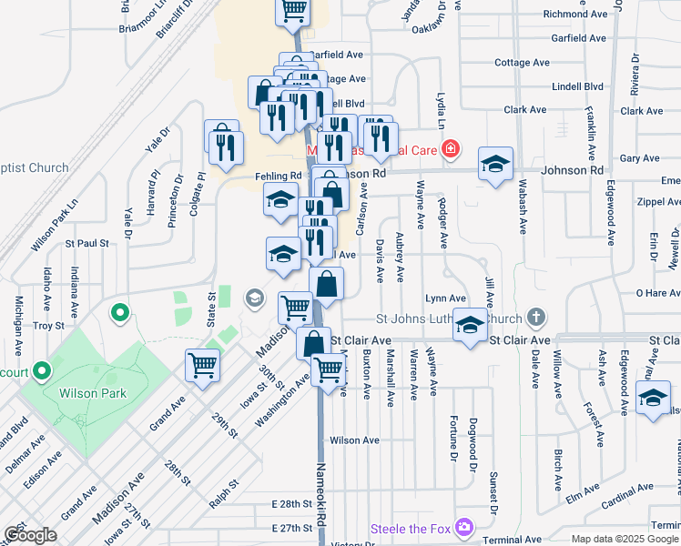 map of restaurants, bars, coffee shops, grocery stores, and more near 3157 Myrtle Avenue in Granite City
