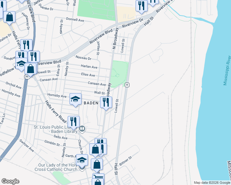 map of restaurants, bars, coffee shops, grocery stores, and more near 8561 Lowell Street in St. Louis