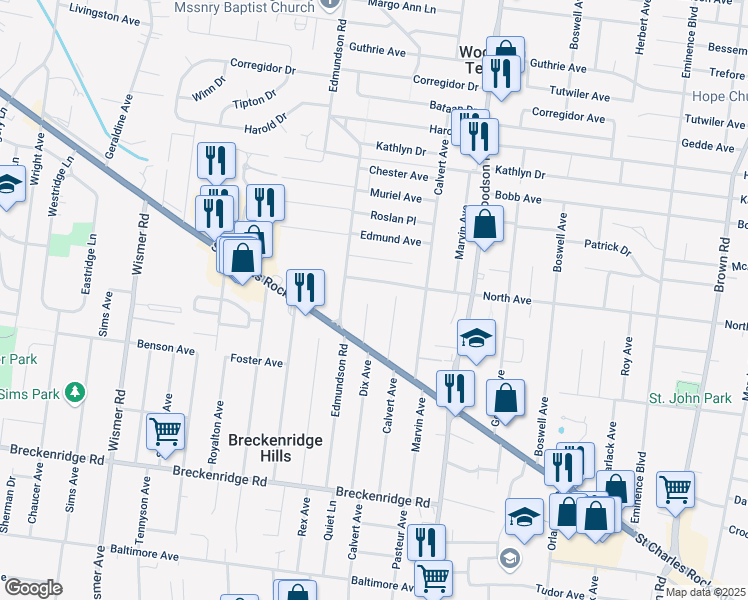 map of restaurants, bars, coffee shops, grocery stores, and more near 3536 Joel Court in St. Louis