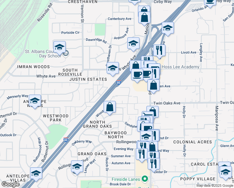 map of restaurants, bars, coffee shops, grocery stores, and more near 7303 Auburn Oaks Court in Citrus Heights