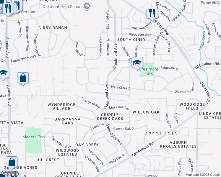 map of restaurants, bars, coffee shops, grocery stores, and more near 1803 Vista Creek Drive in Roseville