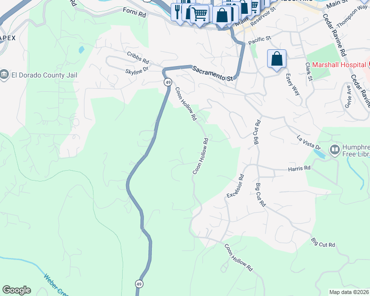 map of restaurants, bars, coffee shops, grocery stores, and more near 3458 Coon Hollow Road in Placerville