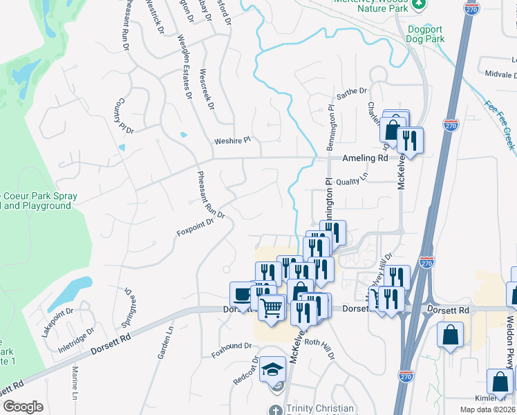 map of restaurants, bars, coffee shops, grocery stores, and more near 2106 Cherry Cove Court in Maryland Heights