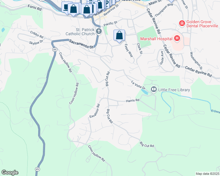 map of restaurants, bars, coffee shops, grocery stores, and more near 3327 Big Cut Road in Placerville