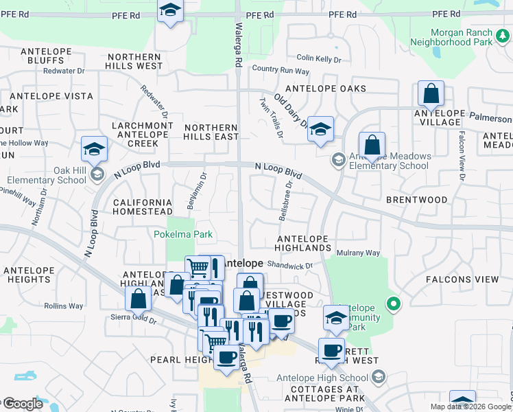 map of restaurants, bars, coffee shops, grocery stores, and more near 8233 Dalkeith Way in Antelope
