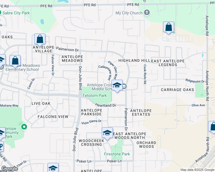 map of restaurants, bars, coffee shops, grocery stores, and more near 8245 Calleystone Way in Antelope