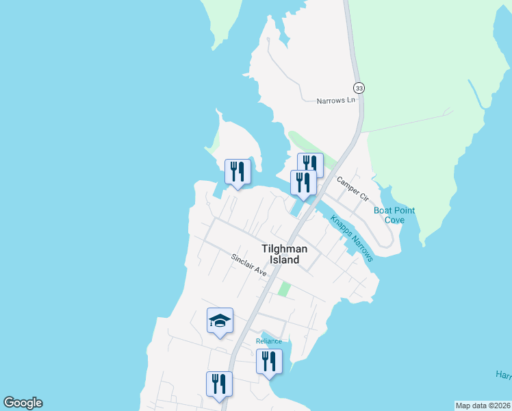 map of restaurants, bars, coffee shops, grocery stores, and more near 21422 Coopertown Road in Tilghman Island