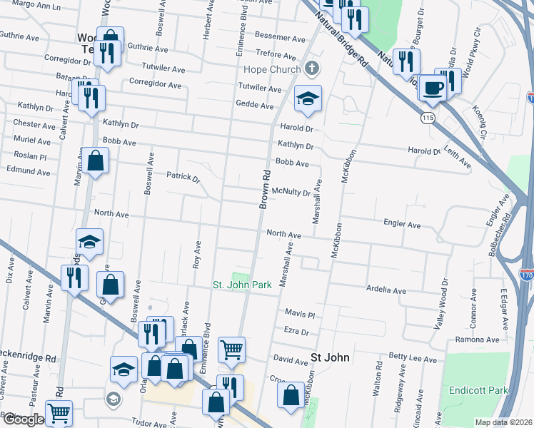 map of restaurants, bars, coffee shops, grocery stores, and more near 3604 Brown Road in St. Louis