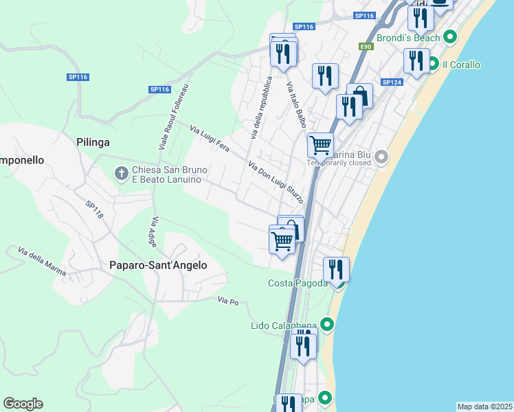 map of restaurants, bars, coffee shops, grocery stores, and more near 20 Via Filippo Turati in Montepaone Lido