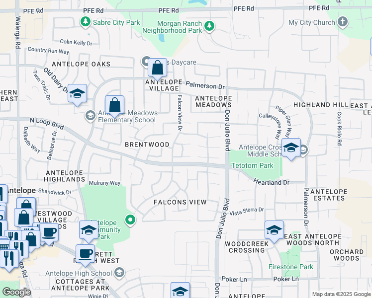 map of restaurants, bars, coffee shops, grocery stores, and more near 8222 Fountainarbor Way in Antelope