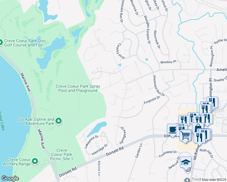 map of restaurants, bars, coffee shops, grocery stores, and more near 12237 Rain Hollow Dr in Maryland Heights