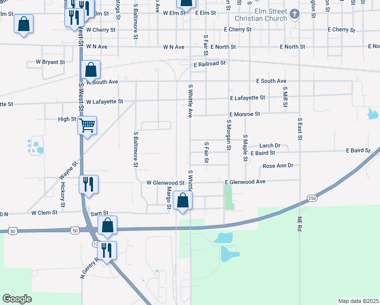 map of restaurants, bars, coffee shops, grocery stores, and more near 100 East Ridgeway Street in Olney