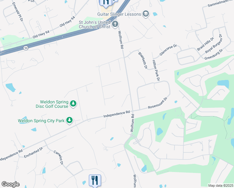 map of restaurants, bars, coffee shops, grocery stores, and more near 54 Waynesboro in Weldon Spring
