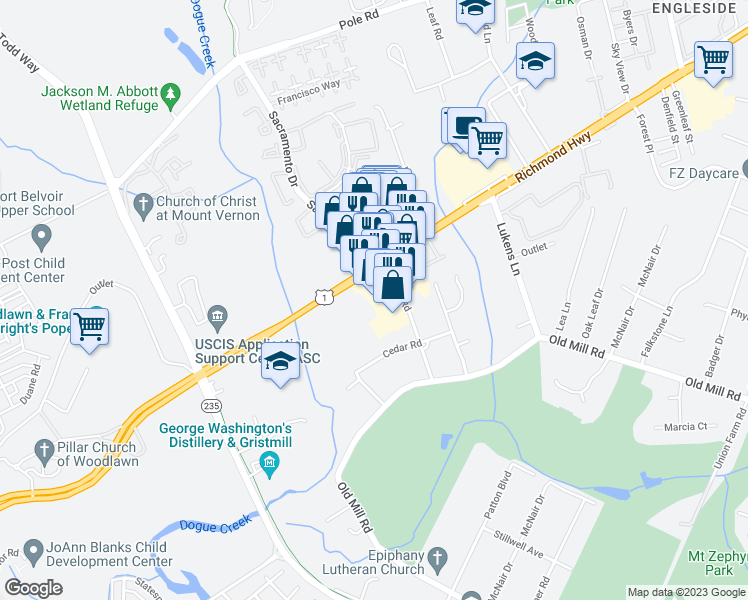 map of restaurants, bars, coffee shops, grocery stores, and more near 8800 Pear Tree Village Court in Alexandria
