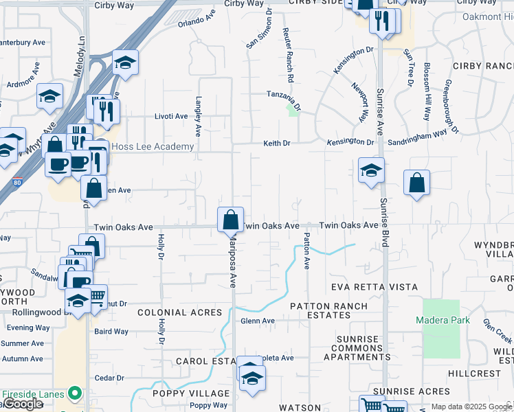 map of restaurants, bars, coffee shops, grocery stores, and more near 8432 Robie Way in Citrus Heights