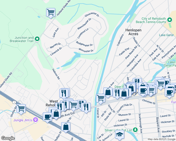 map of restaurants, bars, coffee shops, grocery stores, and more near 20 Thompson Court in Rehoboth Beach