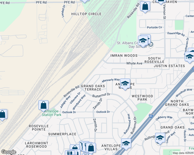 map of restaurants, bars, coffee shops, grocery stores, and more near 8437 Yardley Way in Citrus Heights