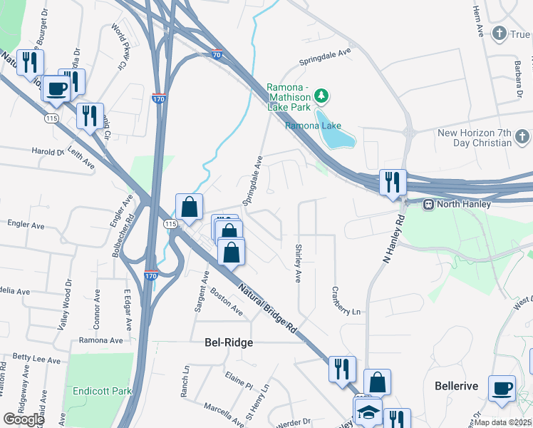 map of restaurants, bars, coffee shops, grocery stores, and more near 9116 Bel Cour Drive in St. Louis