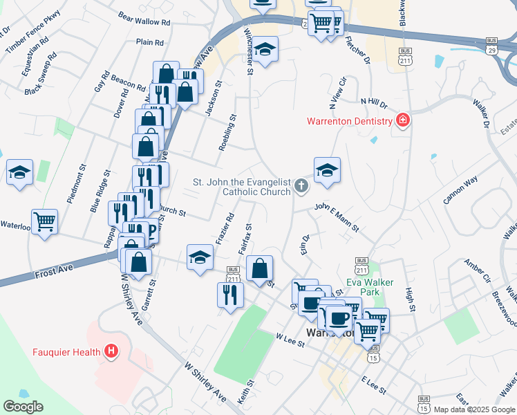 map of restaurants, bars, coffee shops, grocery stores, and more near 129 Fairfax Street in Warrenton