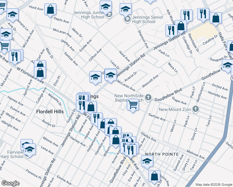 map of restaurants, bars, coffee shops, grocery stores, and more near 2033 Switzer Avenue in Jennings