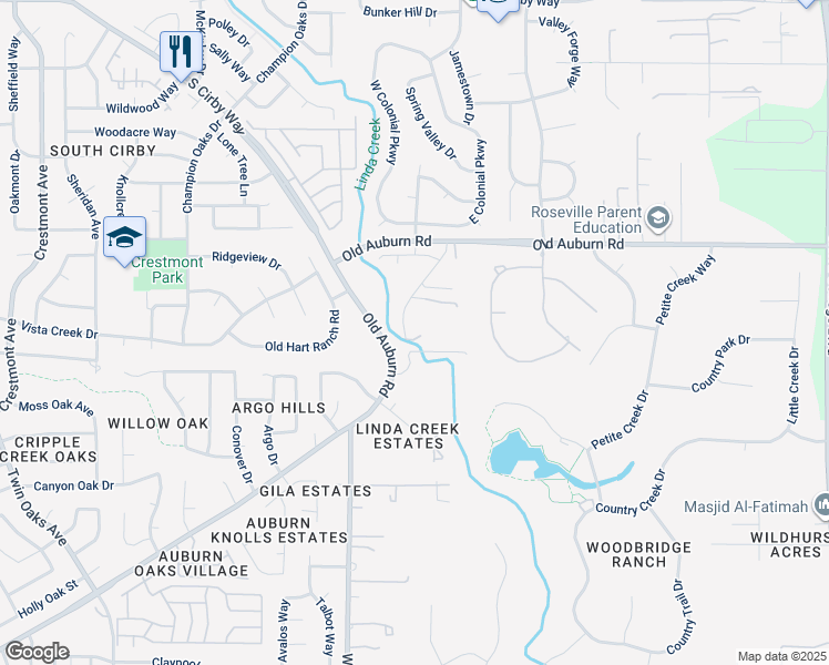 map of restaurants, bars, coffee shops, grocery stores, and more near 3160 Spahn Ranch Road in Roseville