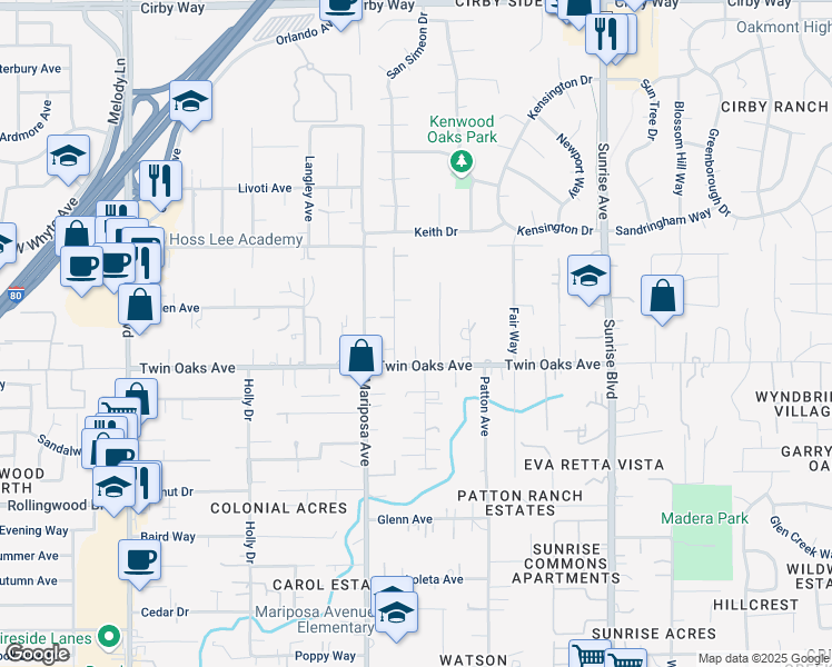 map of restaurants, bars, coffee shops, grocery stores, and more near 8432 Robie Way in Citrus Heights