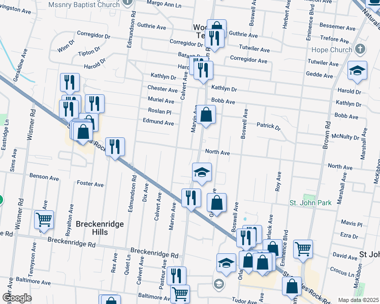 map of restaurants, bars, coffee shops, grocery stores, and more near 9342 North Avenue in St. Louis